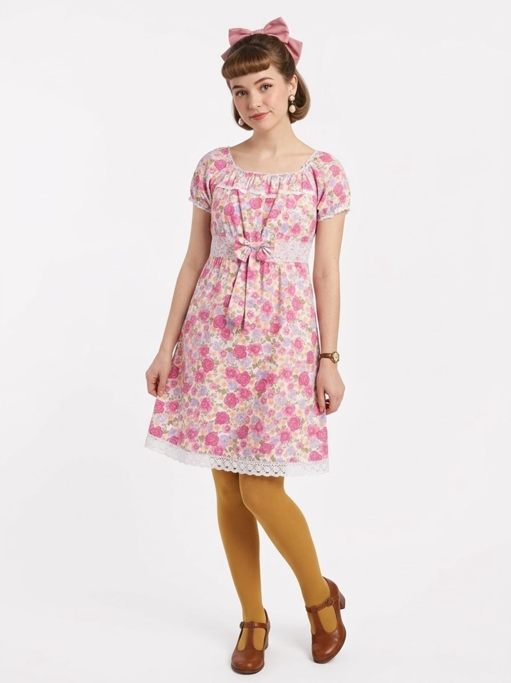 Feminine Floral Lace Mini Dress Square Neck Cap Sleeve Bow Coquette Prairie Doll